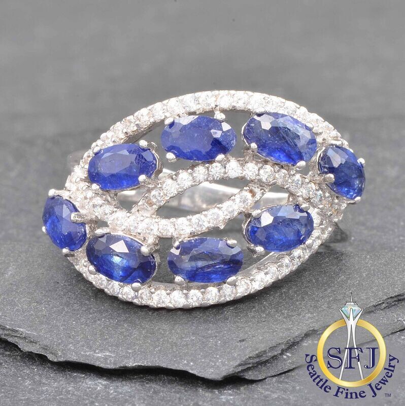 Sapphire and CZ Oval Swirl Ring, Solid Sterling Silver