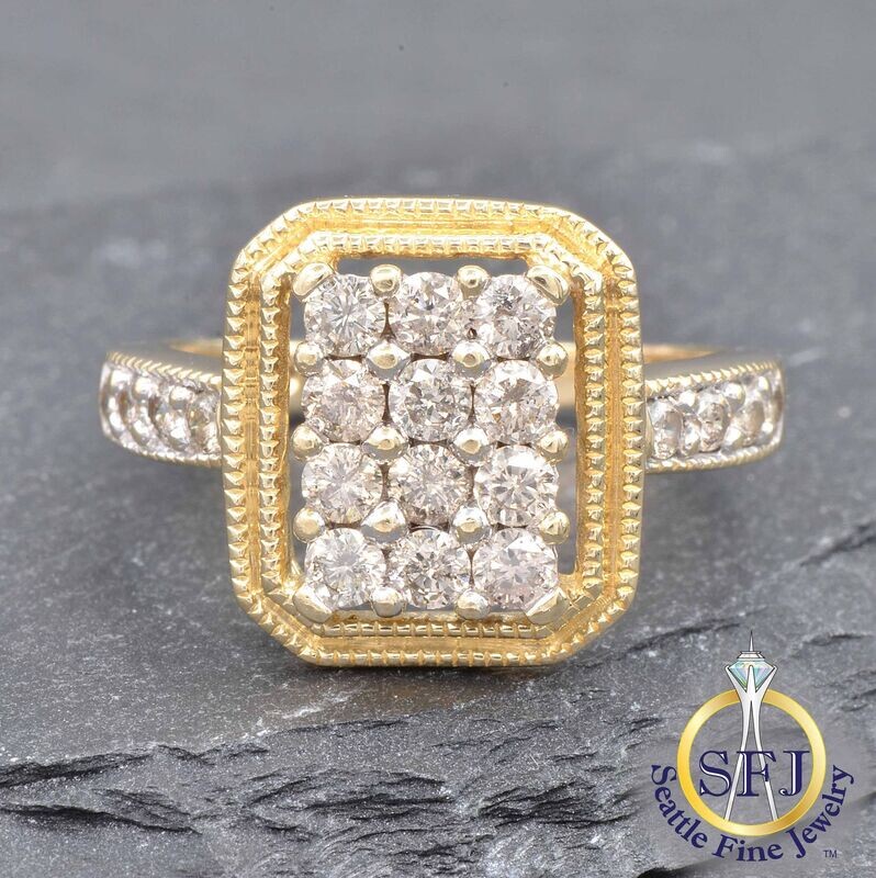 Diamond Cluster Rectangle Halo Ring, Solid 10K Yellow Gold