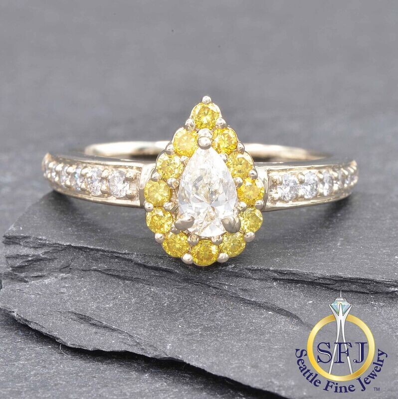 Pear Diamond with Canary Yellow Diamond Halo Ring, Solid 14K White Gold