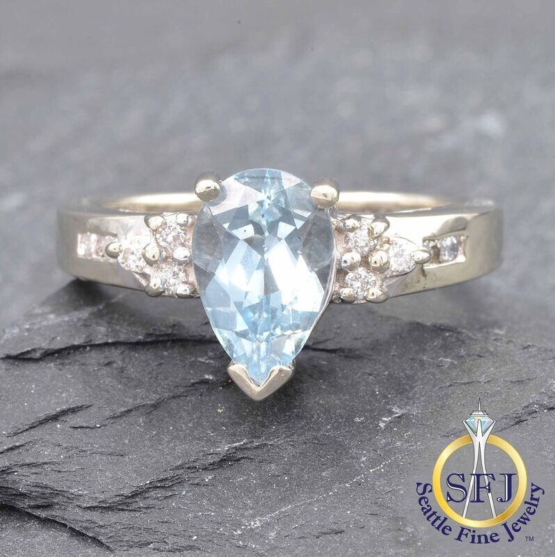 Pear Aquamarine and Diamond Ring, Solid 14K White Gold