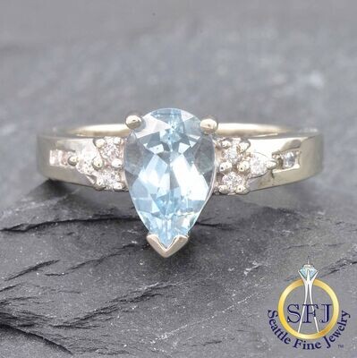 Aquamarine and Diamond Ring, Solid 14k White Gold