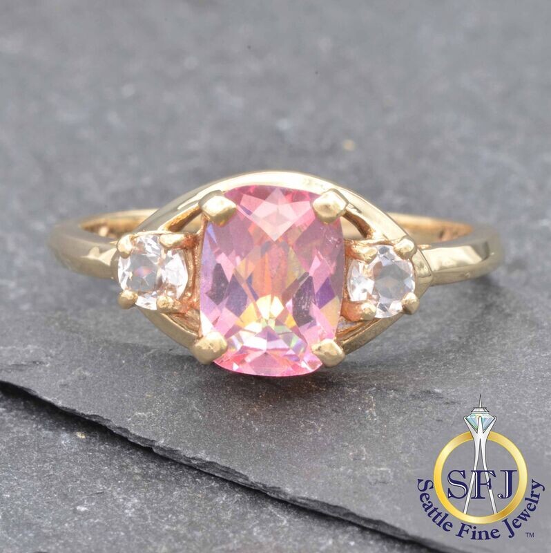Pink Topaz and Goshenite Ring, Solid 10K Yellow Gold