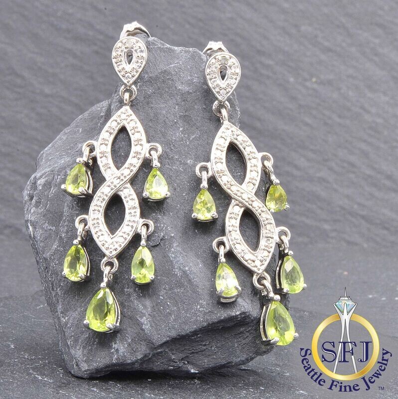 Peridot and Diamond Chandelier Earrings, Solid Sterling Silver