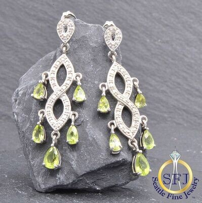 Peridot and Diamond Earrings, Solid 925 Sterling Silver