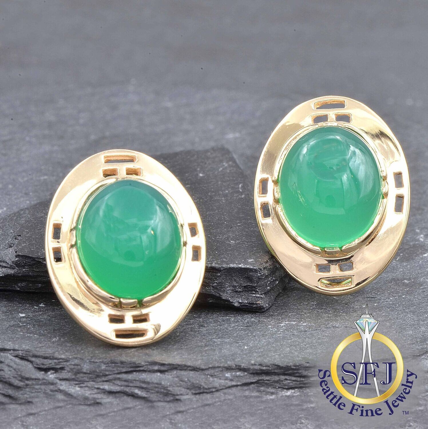 Green Chalcedony Framed Bezel-Set Omega Back Earrings, Solid 14K Yellow Gold