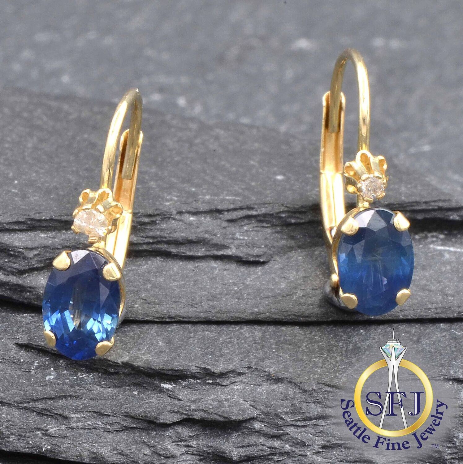 Sapphire and Diamond Leverback Earrings, Solid 14K Yellow Gold