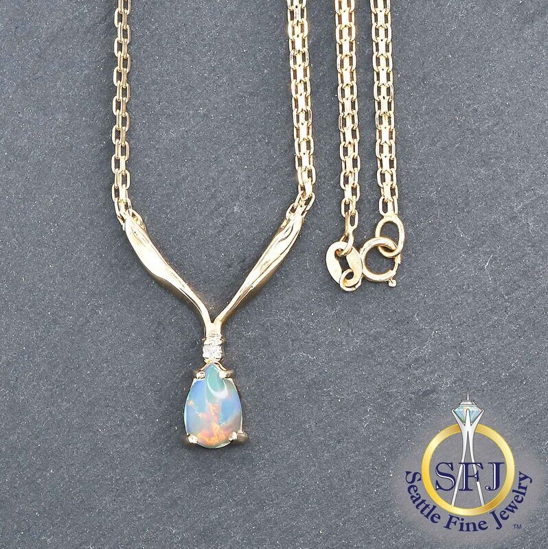 Opal and Diamond Lavalier Drop Necklace, Solid 14K Yellow Gold