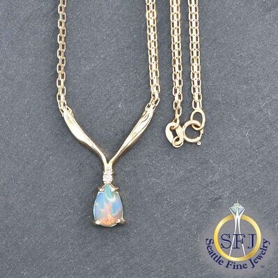 Jelly Opal and Diamond Necklace, Solid 14k Yellow Gold