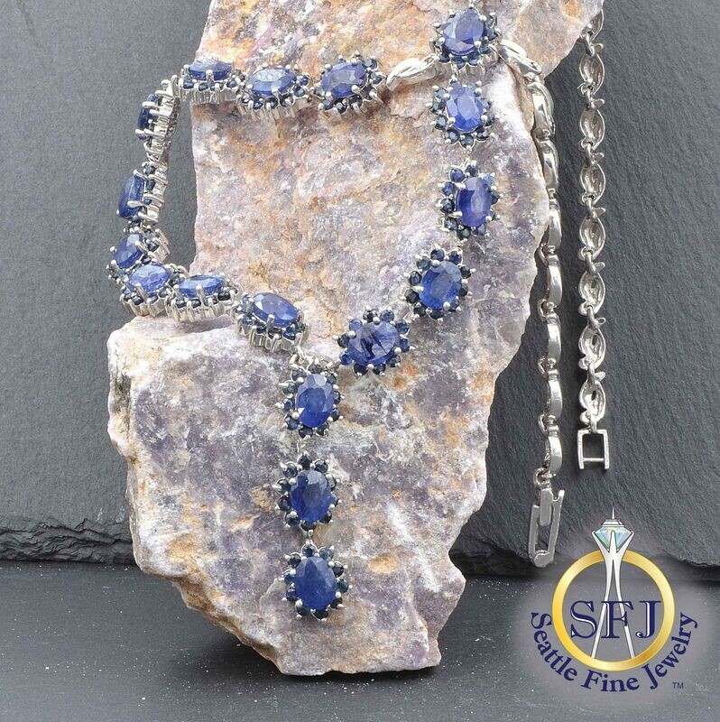 Sapphire Halo Link Lavalier Necklace, Solid Sterling Silver