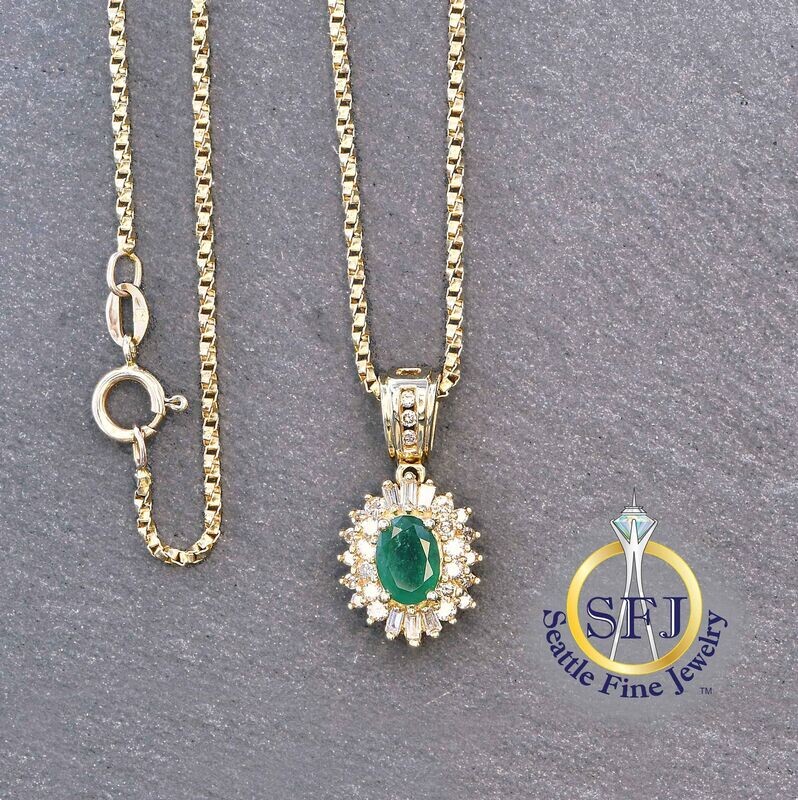 Emerald and Diamond Halo Necklace, Solid 14K Yellow Gold