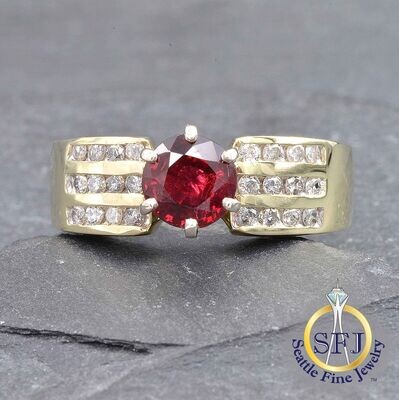 Natural Red Spinel and Diamond Ring, Solid 14k Yellow Gold