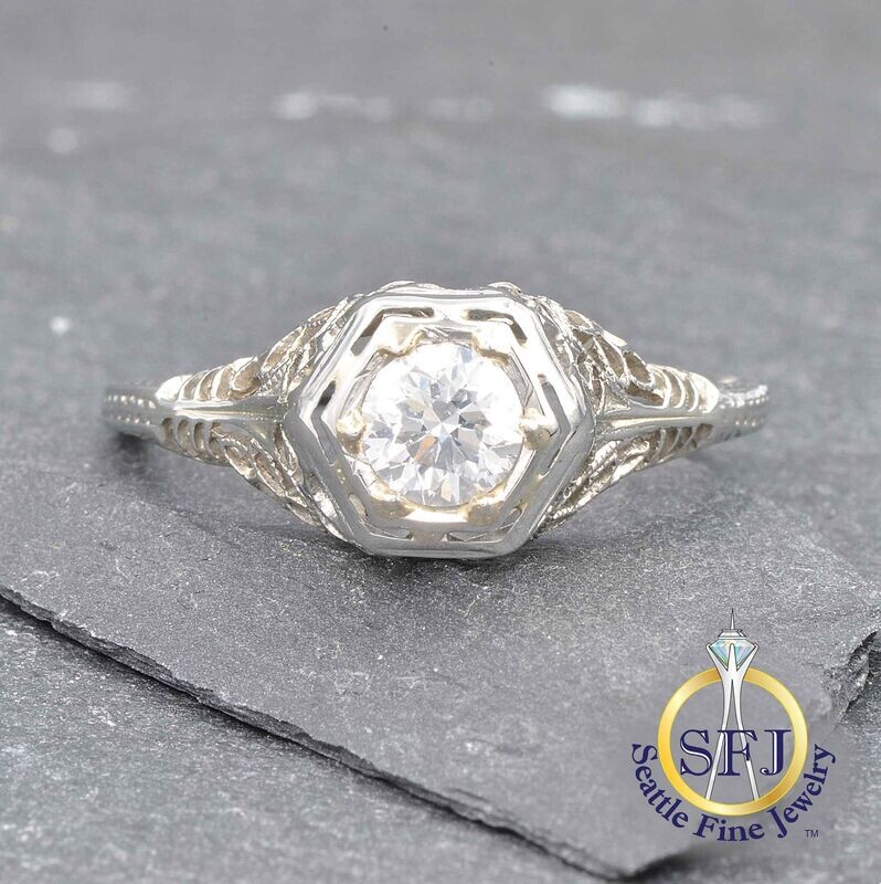 Edwardian Diamond Filigree Solitaire Ring, Solid 18K White Gold