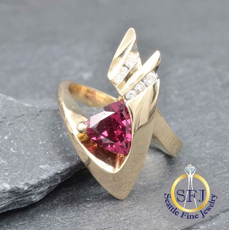 Midcentury Rhodolite Garnet and Diamond Geometric Ring, Solid 14K Yellow Gold