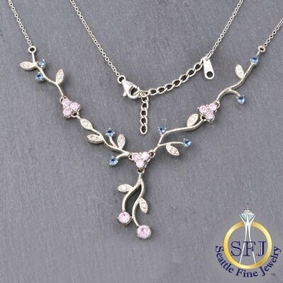 Morganite and Cubic Zirconia Necklace, Solid 925 Sterling Silver