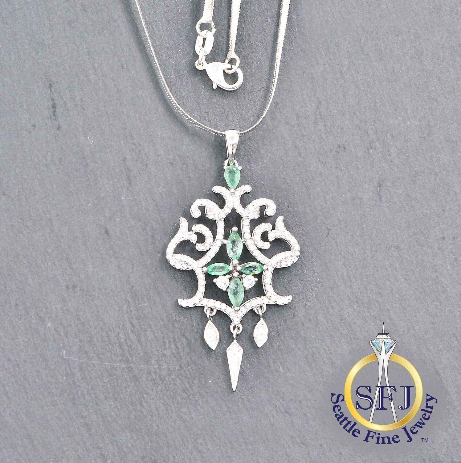 Emerald and CZ Necklace, Solid 925 Sterling Silver