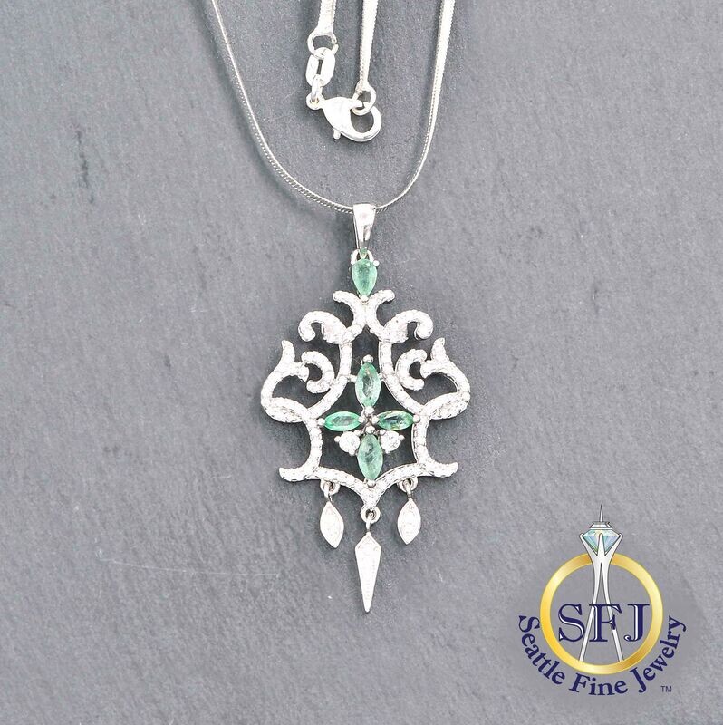 Emerald and CZ Filigree Drop Pendant Necklace, Solid Sterling Silver