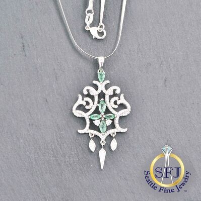 Emerald and CZ Necklace, Solid 925 Sterling Silver