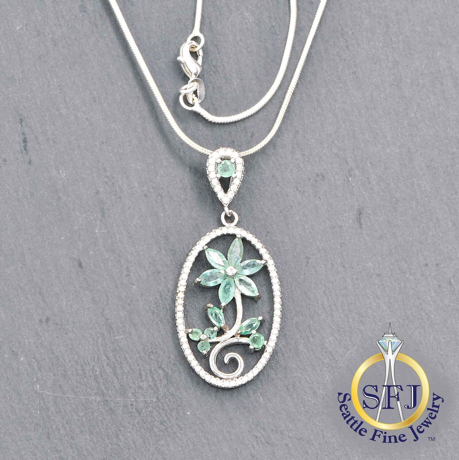 Emerald and CZ Floral Pendant Necklace, Solid Sterling Silver