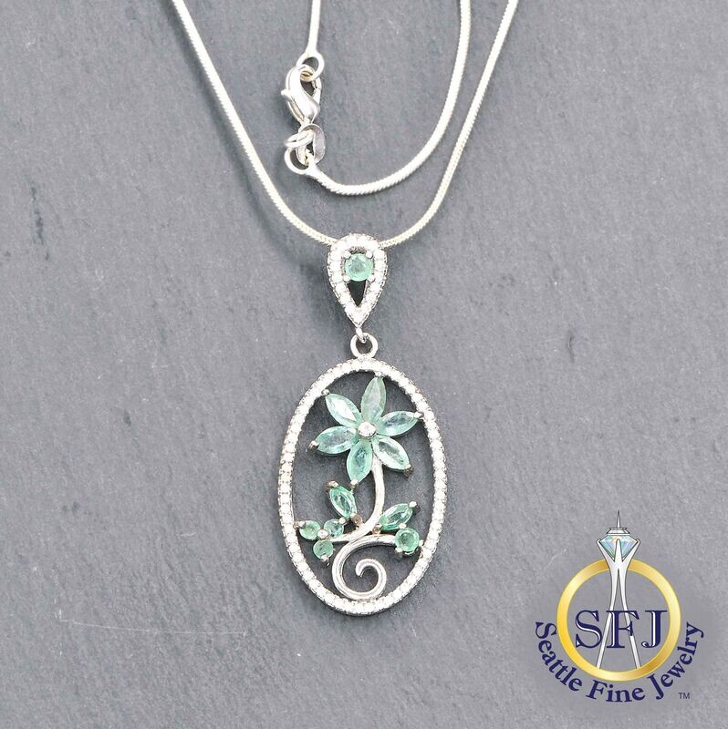 Emerald and CZ Floral Pendant Necklace, Solid Sterling Silver