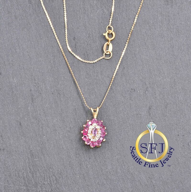 Marquise Ruby and Diamond Halo Pendant Necklace, Solid 14K Yellow Gold