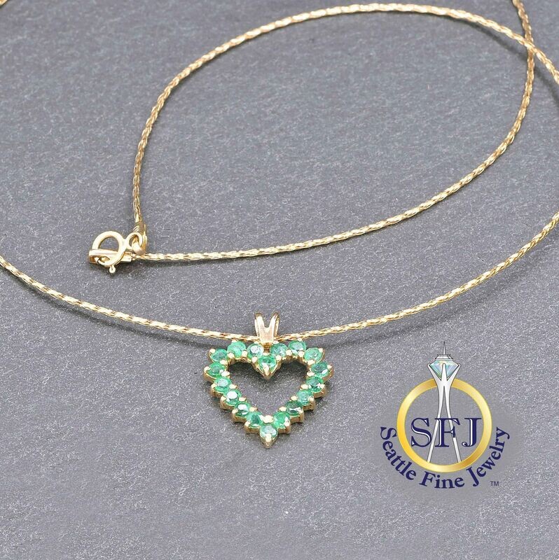 Emerald Open Heart Pendant Necklace, Solid 14K Yellow Gold