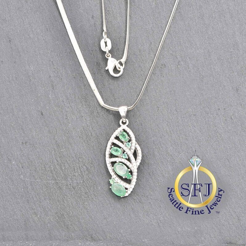 Emerald and Cubic Zirconia Necklace, Solid Sterling Silver