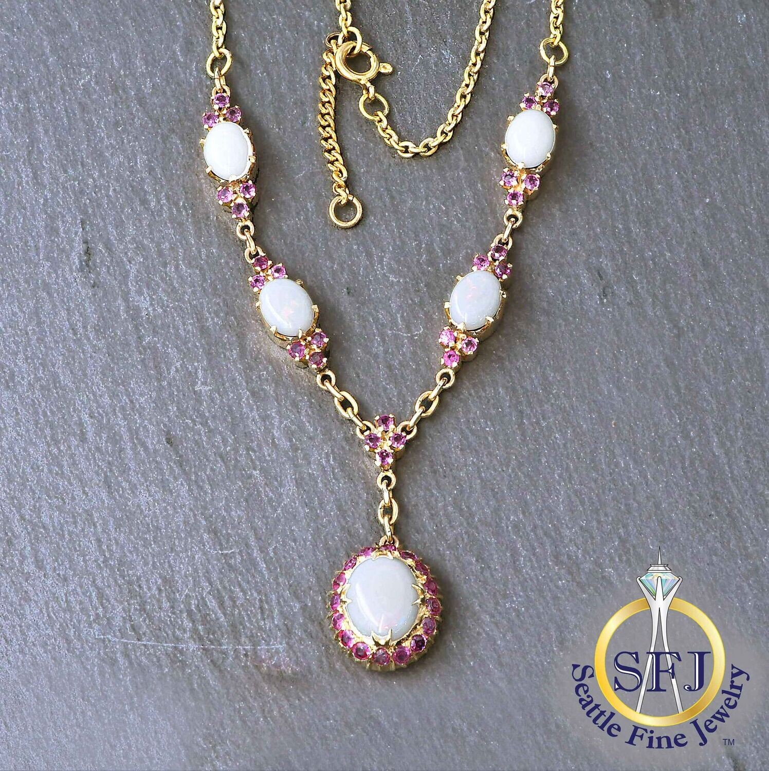 White Opal and Ruby Necklace, Solid 14k Yellow Gold