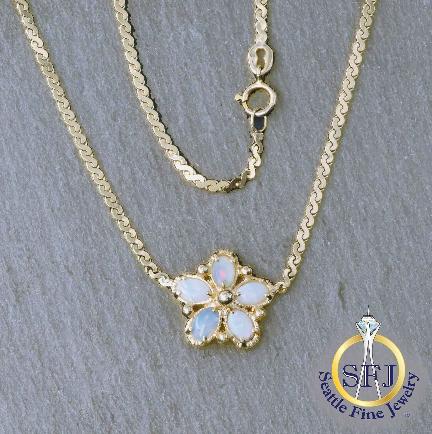 Opal Daisy Flower S-Link Chain Necklace, Solid 14K Yellow Gold