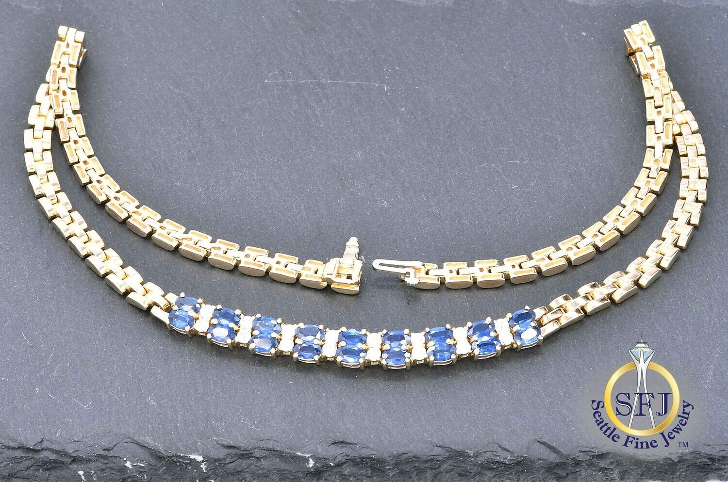 Sapphire and Diamond Necklace, Solid 14k Yellow Gold