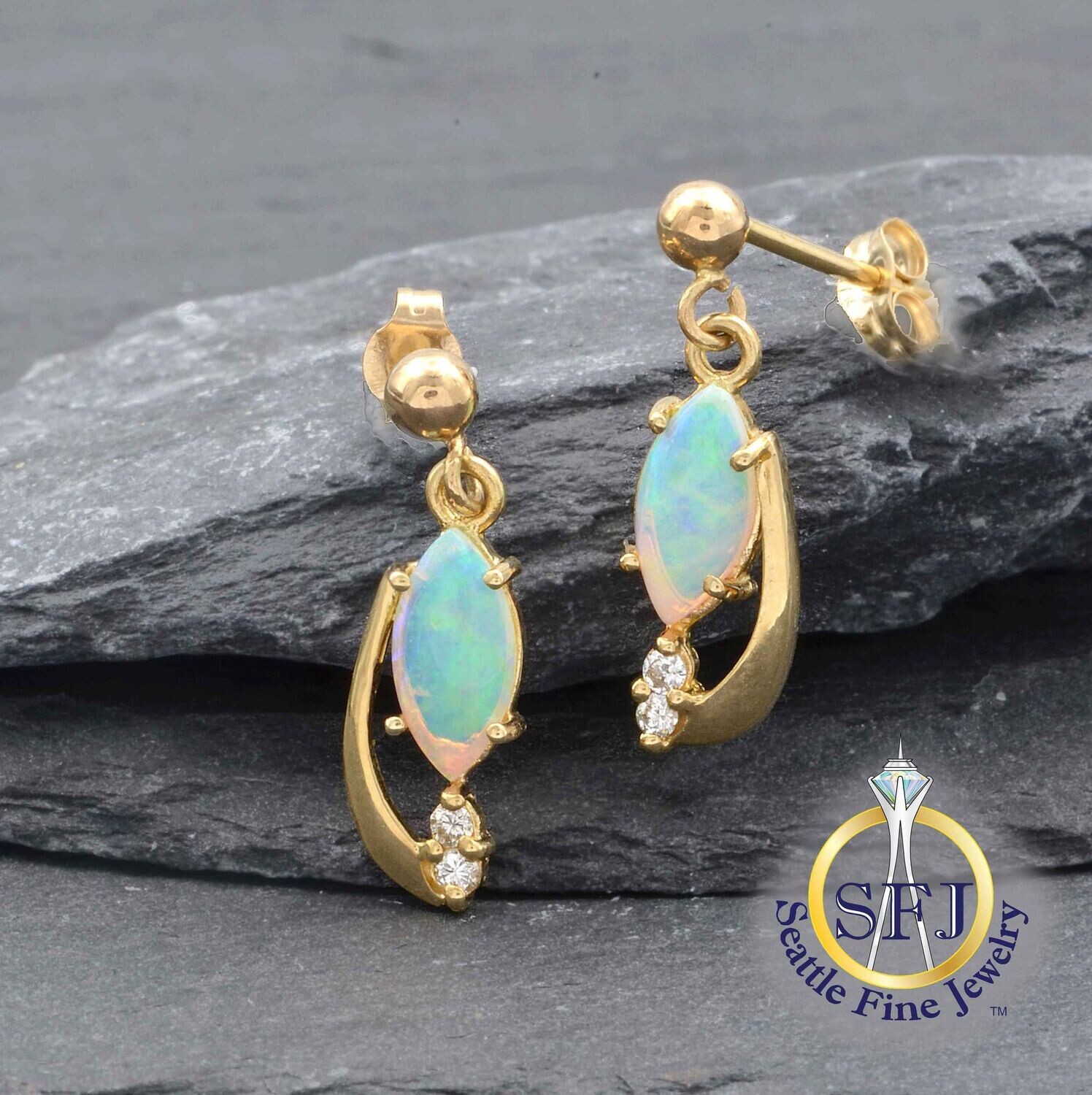 White Opal and Diamond Earrings, Solid 14k Yellow Gold