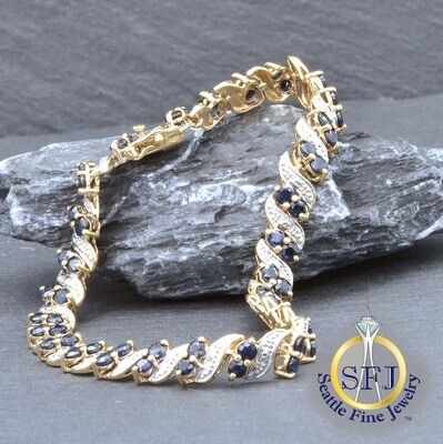 Sapphire and Diamond Bracelet, Solid 10k White Gold and Yellow Gold