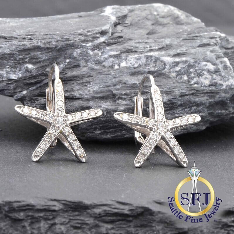 Diamond Star Leverback Earrings, Solid 14K White Gold