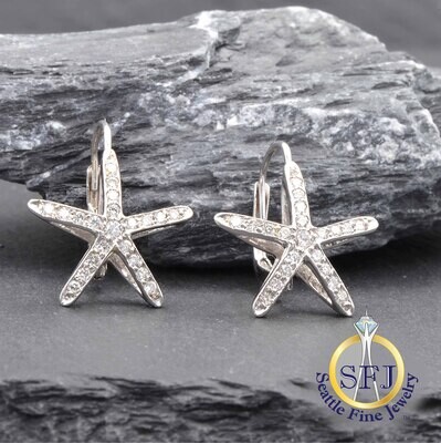 Diamond Star Leverback Earrings, Solid 14k White Gold
