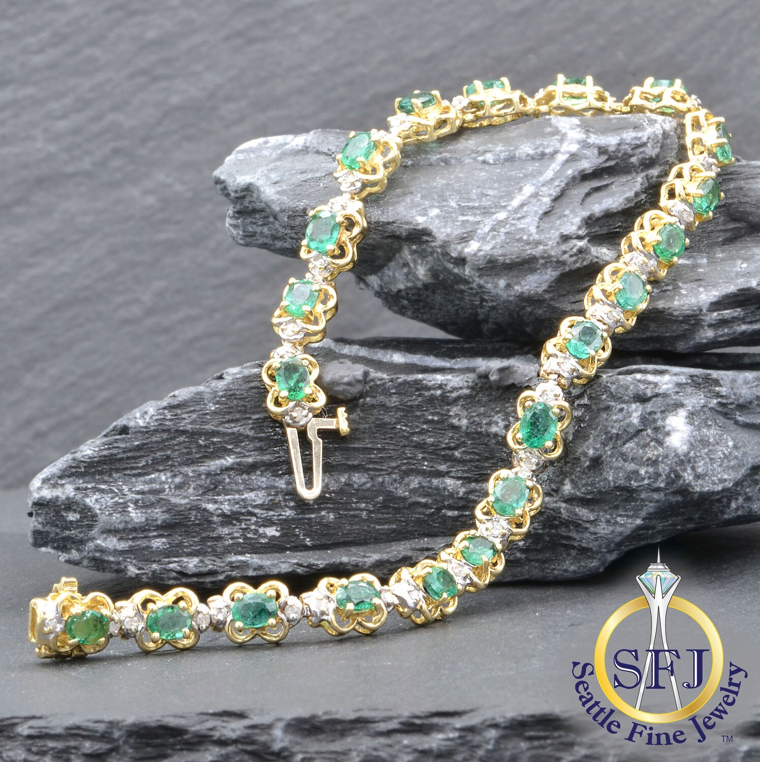 Emerald and Diamond Floral Link Bracelet, Solid 14K Yellow Gold