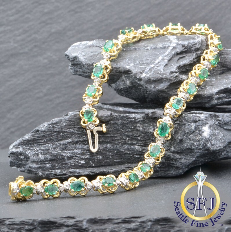 Emerald and Diamond Floral Link Bracelet, Solid 14K Yellow Gold