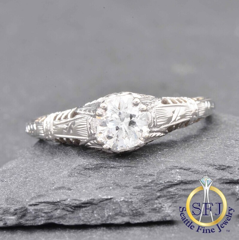Antique Diamond Filigree Solitaire Ring, Solid 18K White Gold
