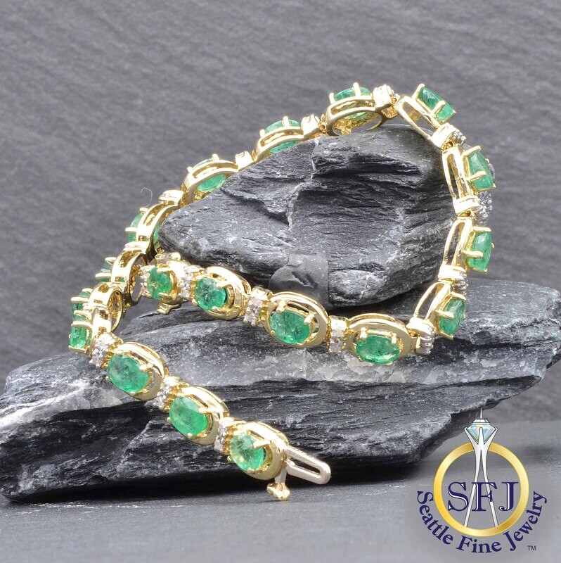 Emerald and Diamond Halo Link Bracelet, Solid 14K Yellow Gold