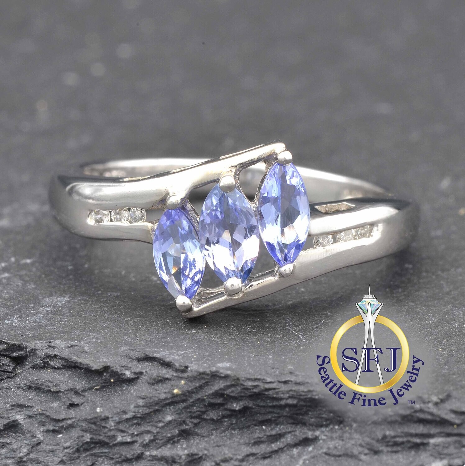 Marquise Tanzanite and Diamond 3-Stone Ring, Solid 14K White Gold