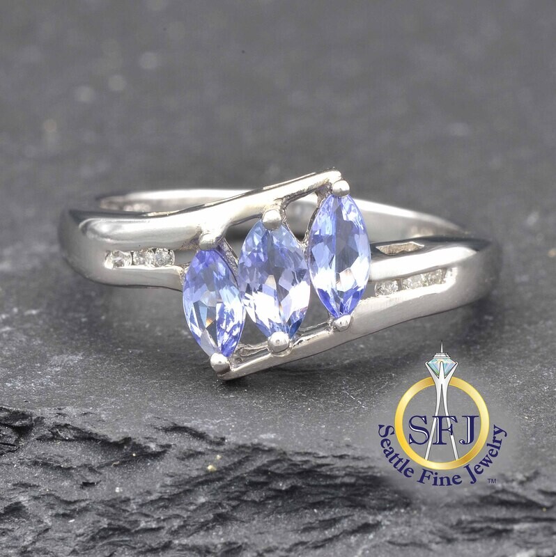 Marquise Tanzanite and Diamond 3-Stone Ring, Solid 14K White Gold