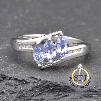 Marquise Tanzanite and Diamond 3-Stone Ring, Solid 14K White Gold