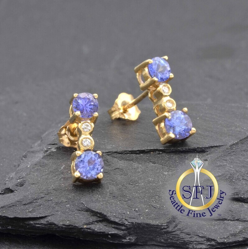 Tanzanite and Diamond Earrings, Solid 14K Yellow Gold