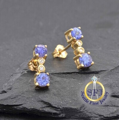 Tanzanite and Diamond Double Drop Earrings, Solid 14K Yellow Gold