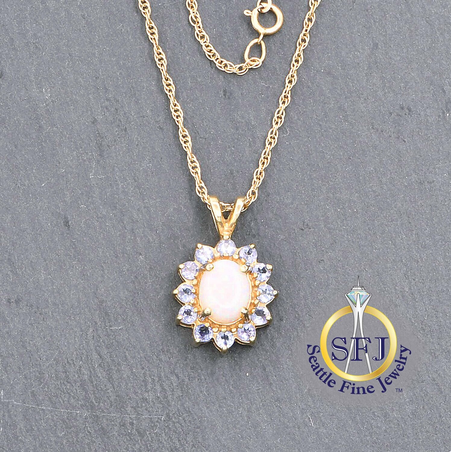 Crystal Opal and Tanzanite Necklace, Solid 14k Yellow Gold