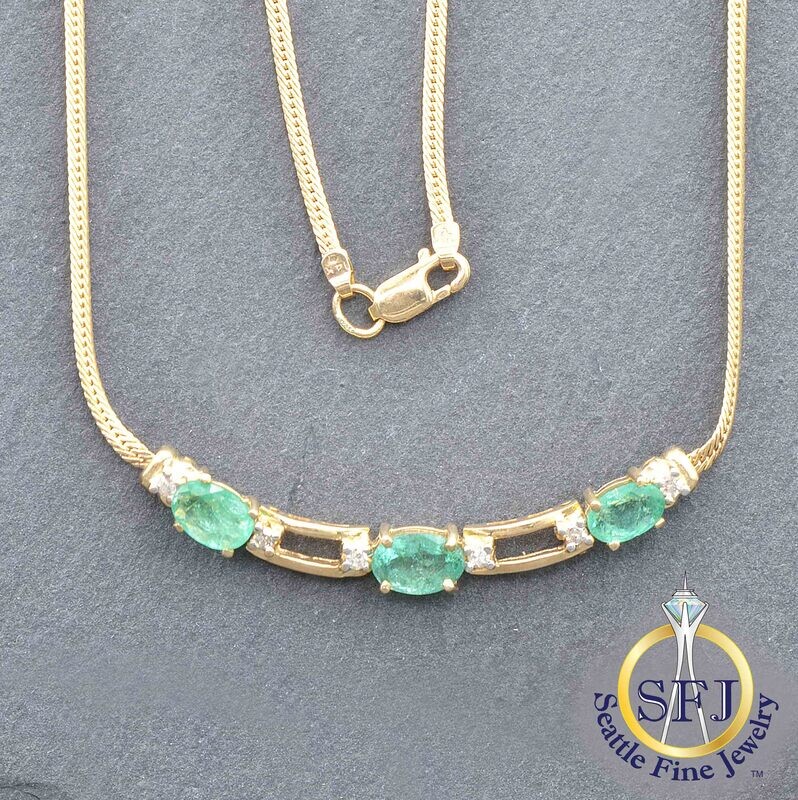 Emerald and Diamond Link and Chain Necklace, Solid 14K Yellow Gold