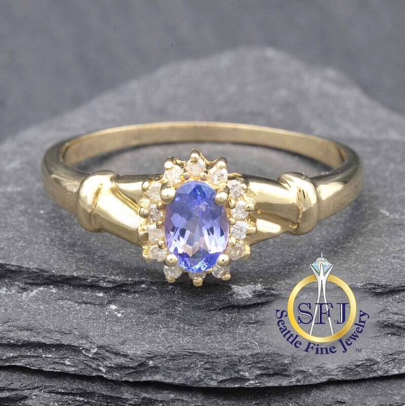Tanzanite and Diamond Halo Ring, Solid 14K Yellow Gold