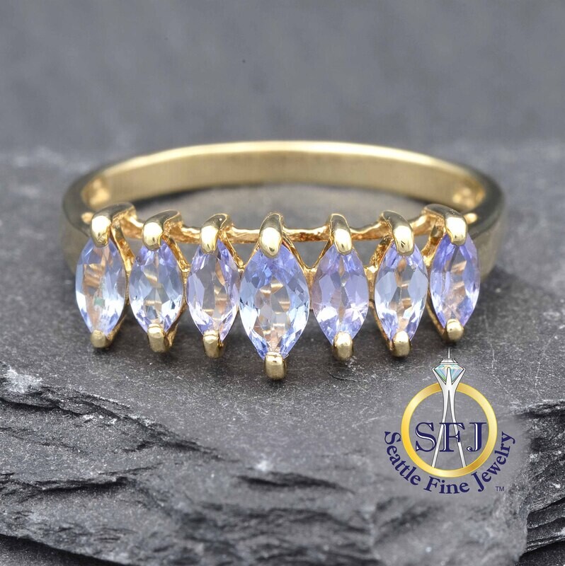 Marquise Tanzanite 7-Stone Row Ring, Solid 10K Yellow Gold
