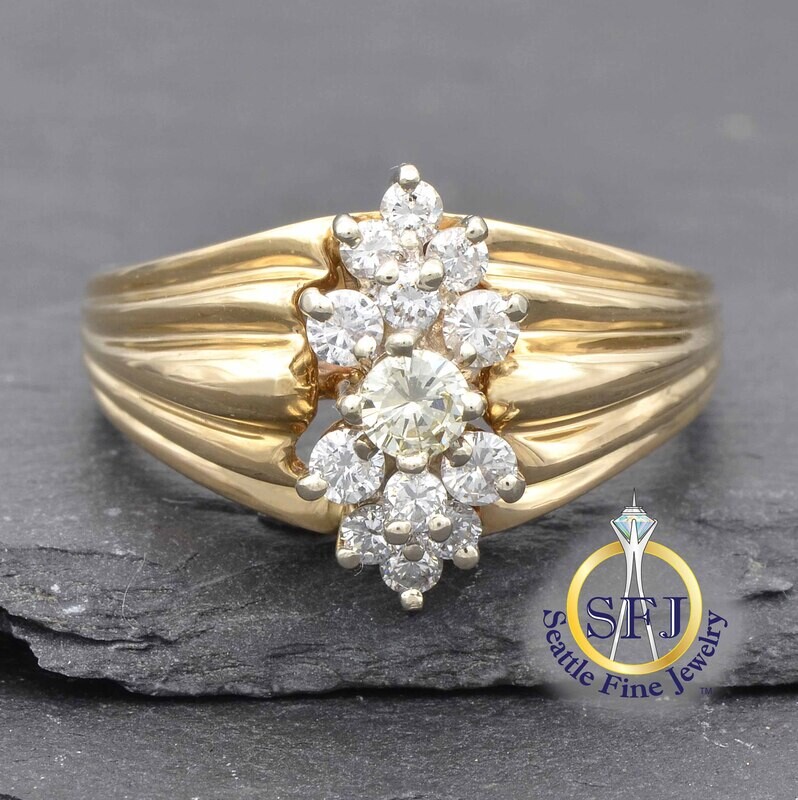 Diamond Fluted Marquise Cluster Ring, Solid 14K Yellow Gold