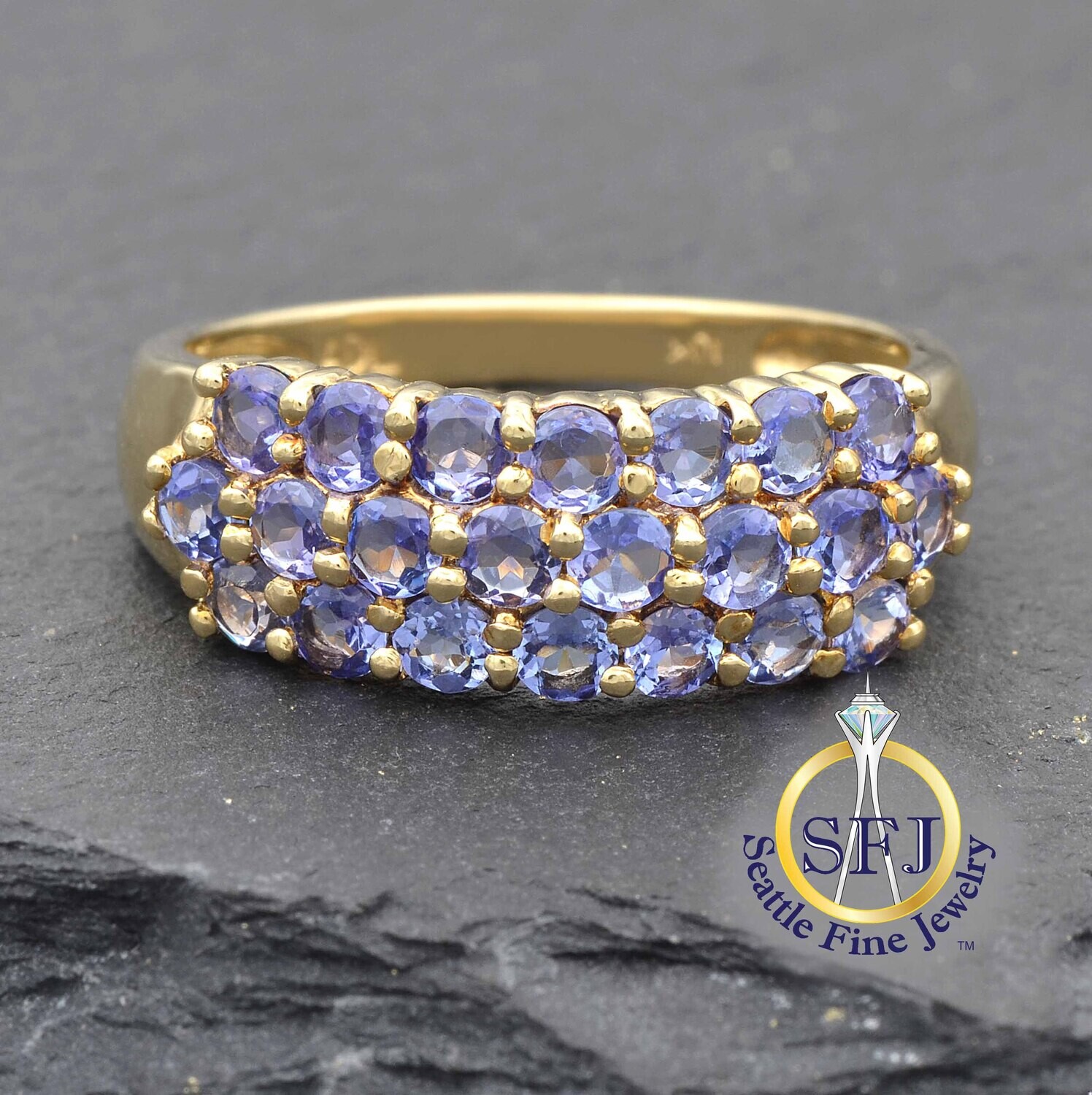 Tanzanite Triple Row Ring, Solid 10K Yellow Gold