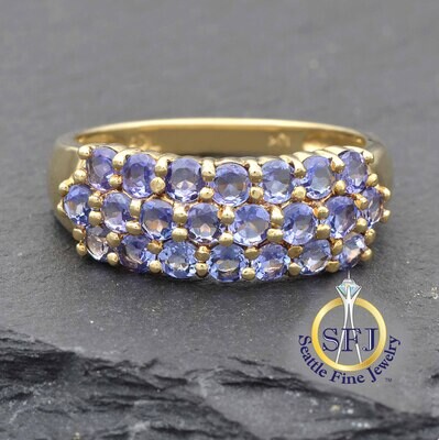 Tanzanite Triple Row Ring, Solid 10K Yellow Gold