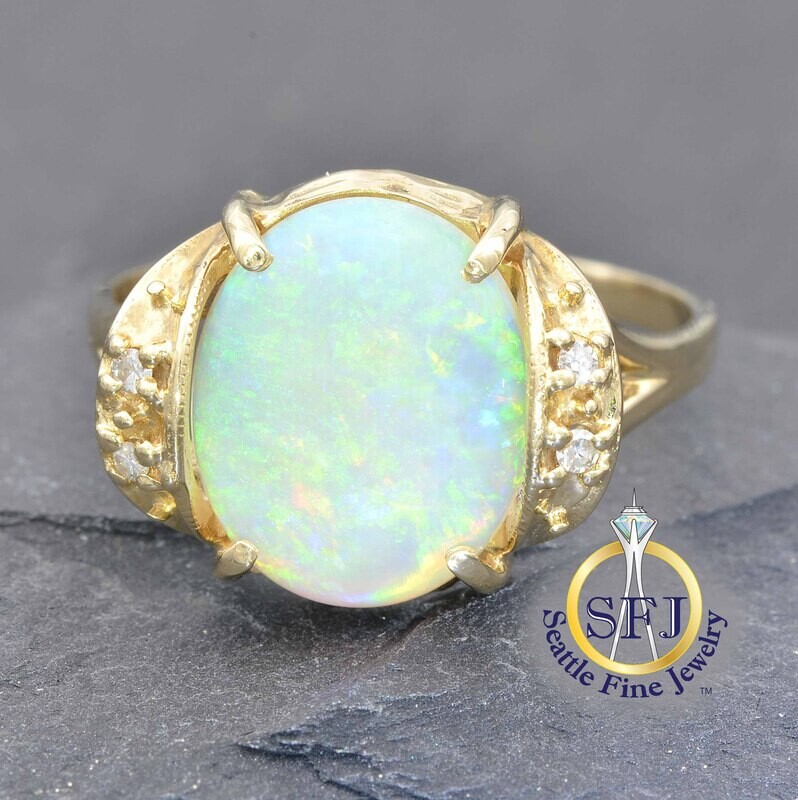 Opal and Diamond Ring, Solid 14K Yellow Gold